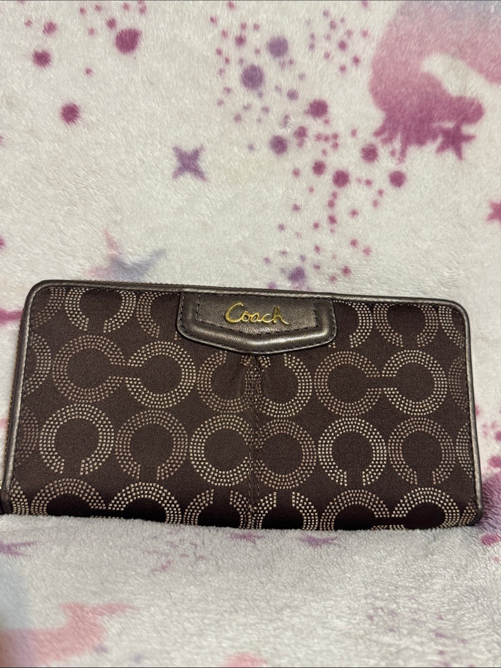 Coach Dark Brown Signature Continental Wallet with Gold Logo